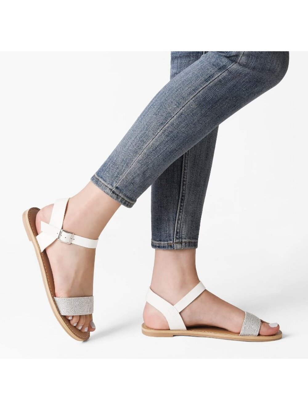 Women's Silver Glitter Ankle Strap Flat Open Toe One Band Buckle Summer Sandal - Picture 2 of 5